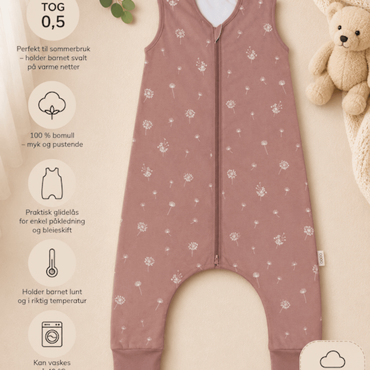 Fillikid | Sommer nattpose med ben | str. 92 | Dandelion Pink